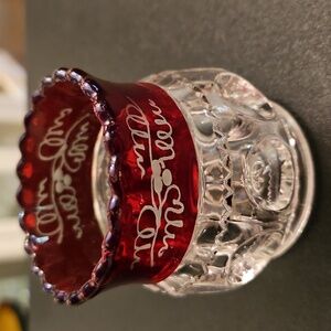 Kings Crown Thumbprint Pattern Toothpick Holder by Adams & Co Ruby/Clear Etched